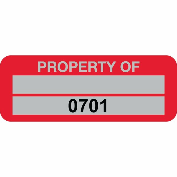 Lustre-Cal Property ID Label PROPERTY OF5 Alum Red 2in x 0.75in 1 Blank Pad&Serialized 0701-0800, 100PK 253740Ma2Rd0701